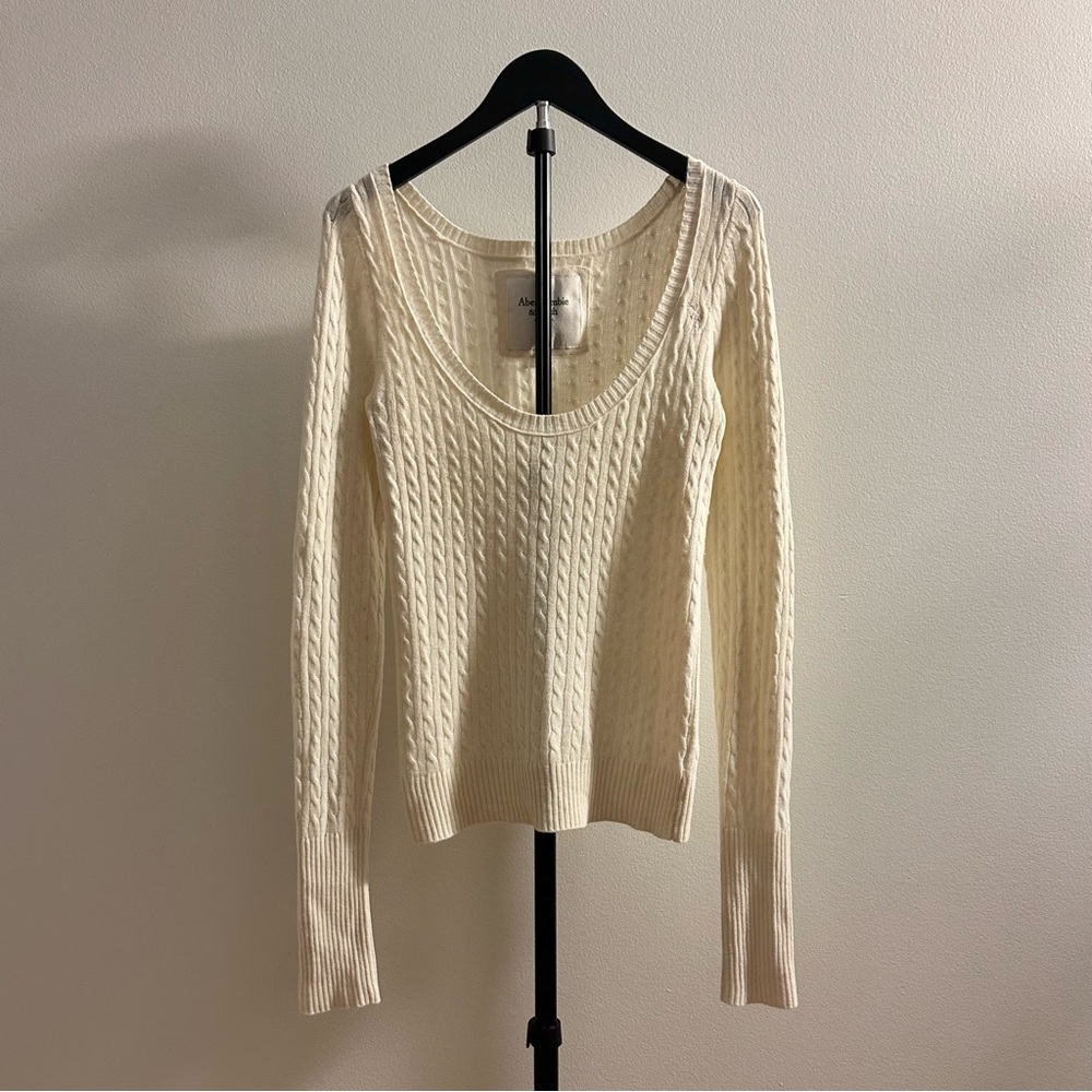 Vintage Y2K Abercrombie Cream Scoop Neck Wool Rabbit Hair Cable Knit Sweater